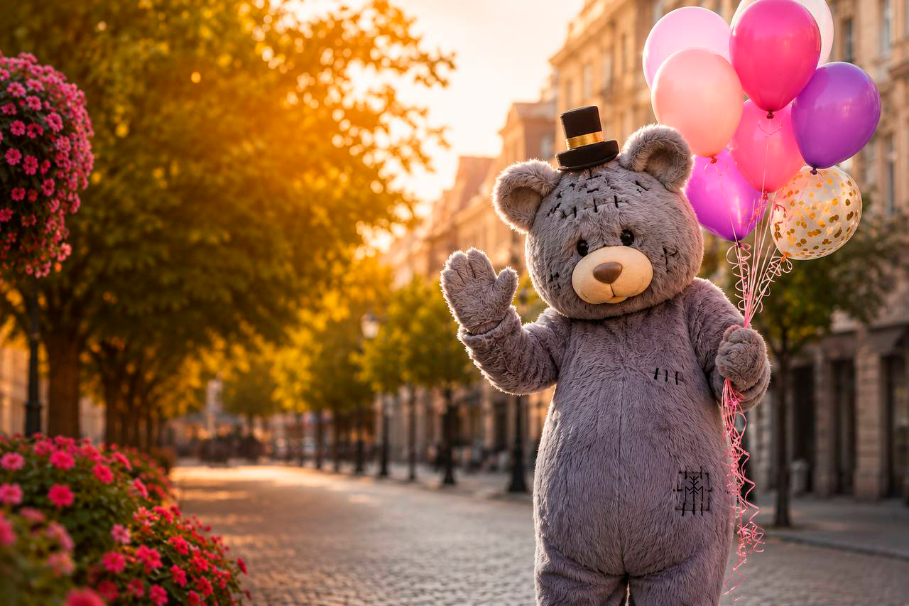 Teddy bear mascot with balloons on a sunlit cobblestone street